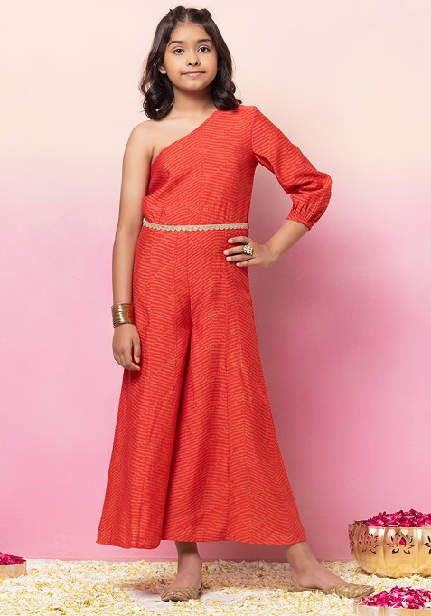 Red Printed One Shoulder Jumpsuit With Dori Belt (Set of 2)