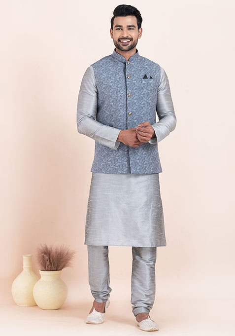 Grey Solid Jacquard Nehru Jacket For Men