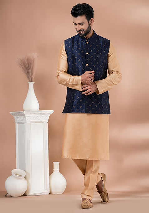 Chiku Brown Printed Viscose Nehru Jacket Set For Men
