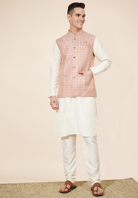 Pink Embroidered Jacquard Nehru Jacket Set For Men