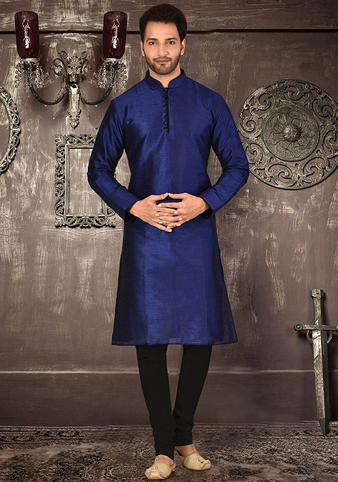 Royal Blue Solid Dupion Silk Kurta Pyjama Set For Men