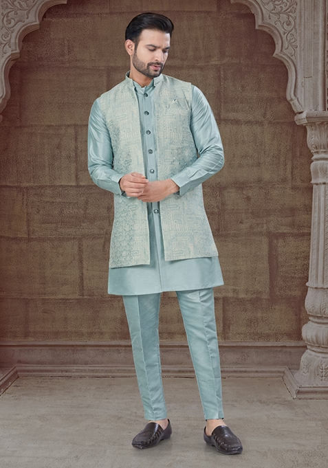 Sky Blue Embroidered Silk Indo Western Sherwani Set For Men