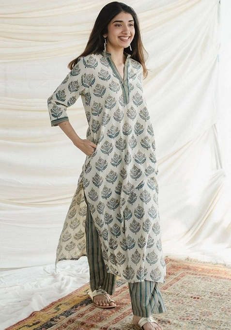 White Digital Print Rayon Kurta Set With Dupatta
