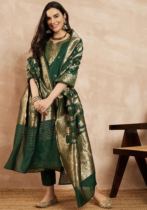 Green Woven Chanderi Kurta Set With Dupatta
