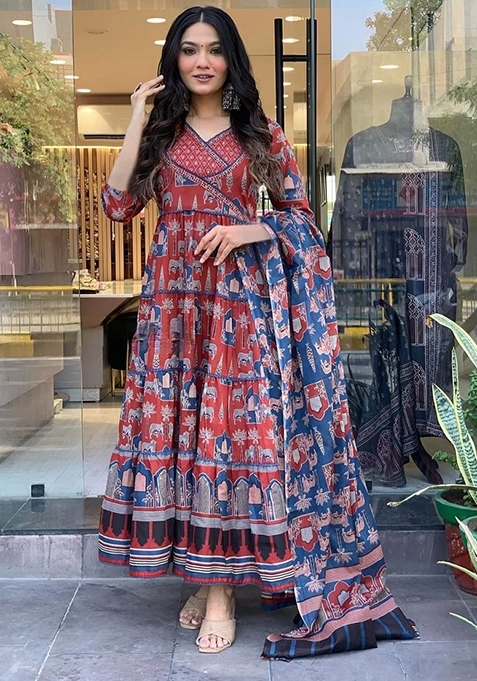 Red Abstract Print Cotton Anarkali Set