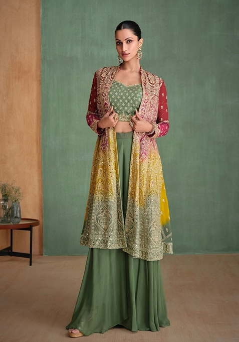 Olive Embroidered Georgette Jacket Set