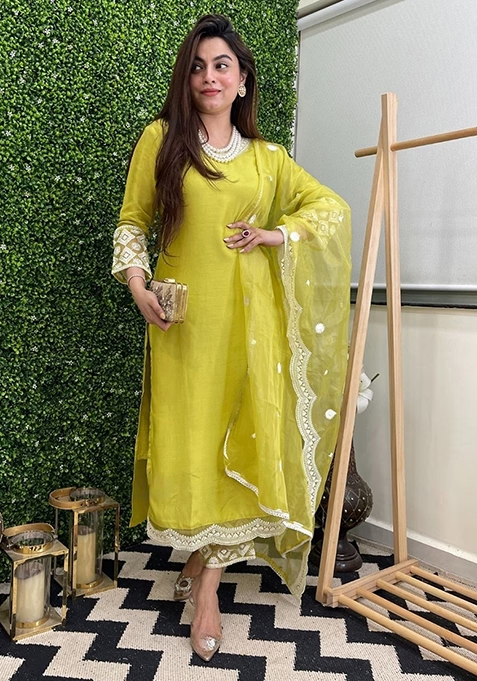 Yellow Thread Embroidered Chanderi Cotton Kurta Set With Dupatta